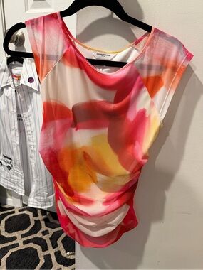 Amanda Uprichard Pink Orange Yellow Watercolor Cap-Sleeve Blouse